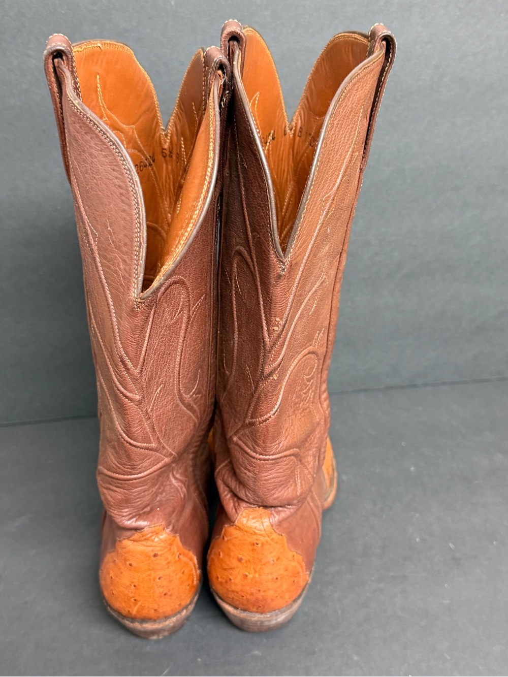 Lucchese Two-Tone Brown and Tan Ostrich-Accent Heeled Boots - Picture 4 of 11